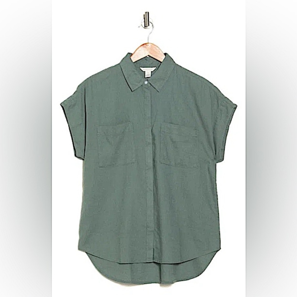 Caslon Double Pocket Linen Blend Camp Shirt, Green, Medium